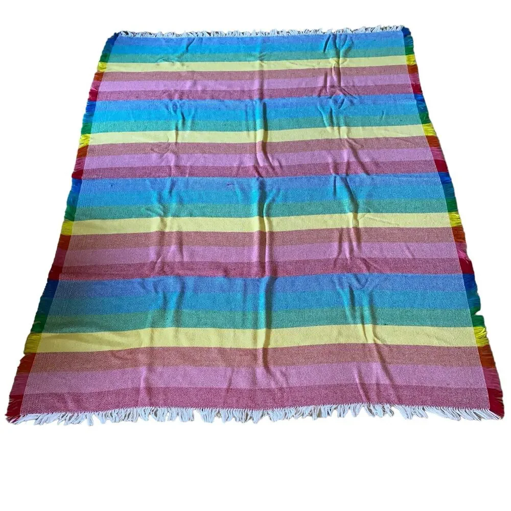 Vintage Mid-Century Modern Striped Rainbow Square Fringe Trim Tablecloth 50